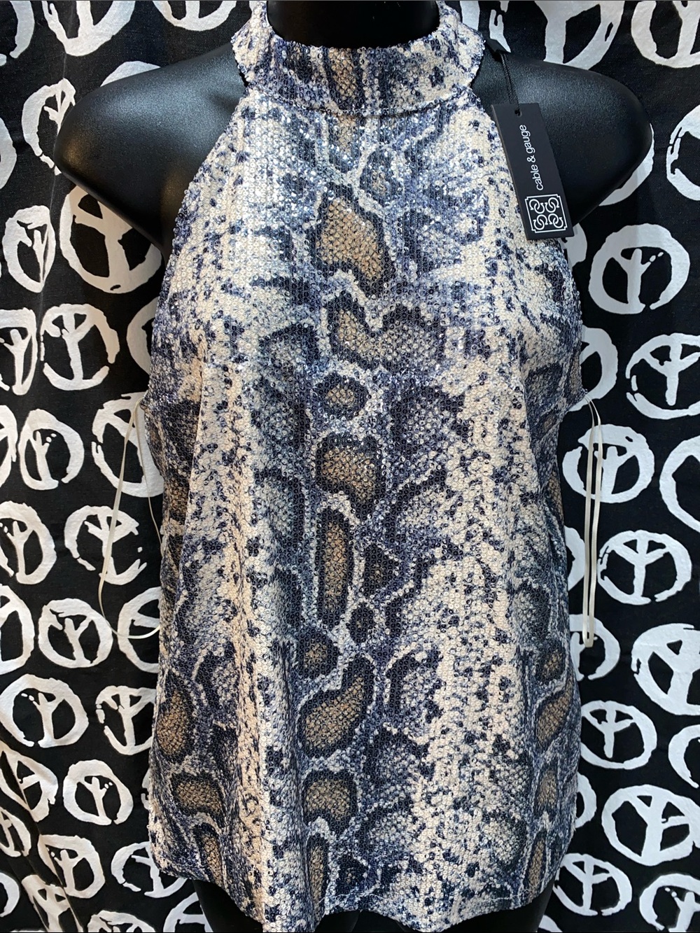 NWT CABLE & GAUGE BEIGE/BLACK SNAKE PRINT/SEQUIN HALTER TANK SZ S